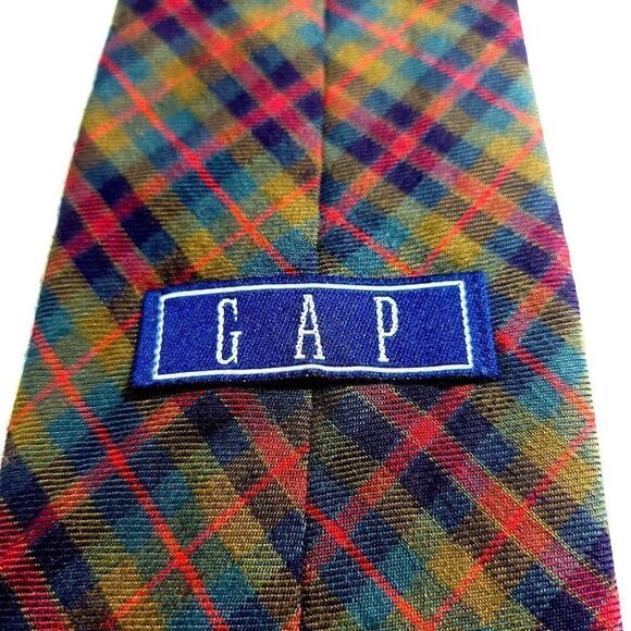 Gap Rayon Wool Plaid Green Blue Red Yellow Rayon Wool Mad In USA Tie - Picture 3 of 6